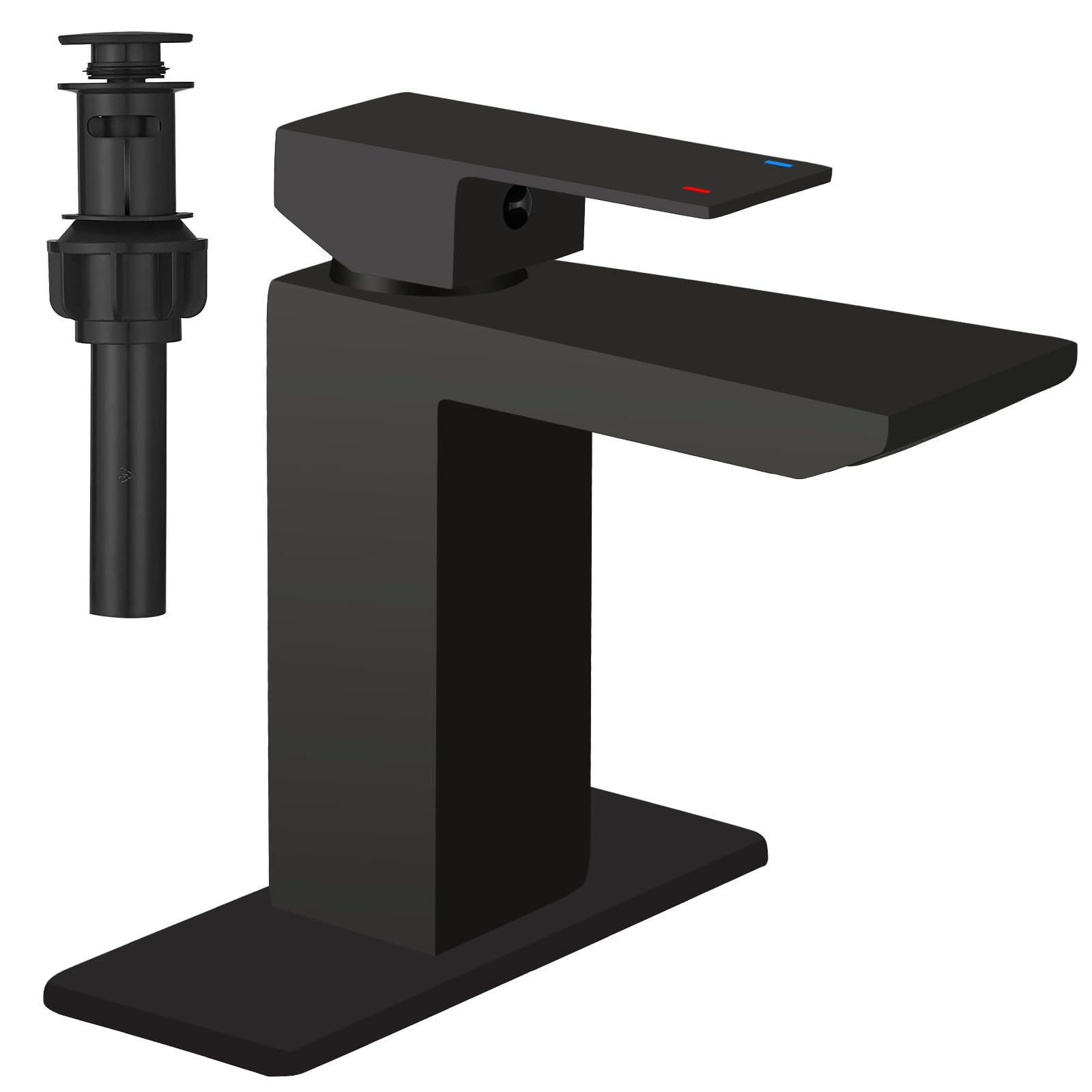 Hoimpro Matte Black Waterfall Single Hole Bathroom Faucet with 6" Deck Plate, Stainless Steel Bathroom Sink Faucet with Pop-up Drain, Rv Vanity Vessel