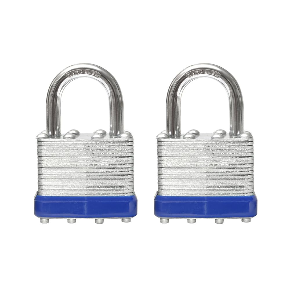 LanuBeLock Laminated keyed Padlock (1-9/16", 40mm), keyed Alike Locks, Normal Shackle, Marked Blue Plastic Hoop, Pack of 2