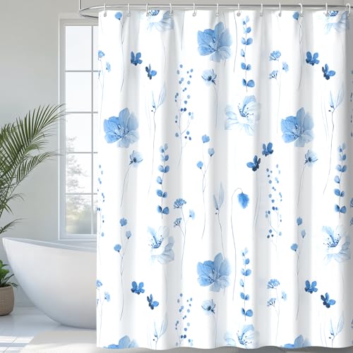 QiyI Watercolor Floral Shower Curtain with Hooks, 72 x 72, Fog Blue