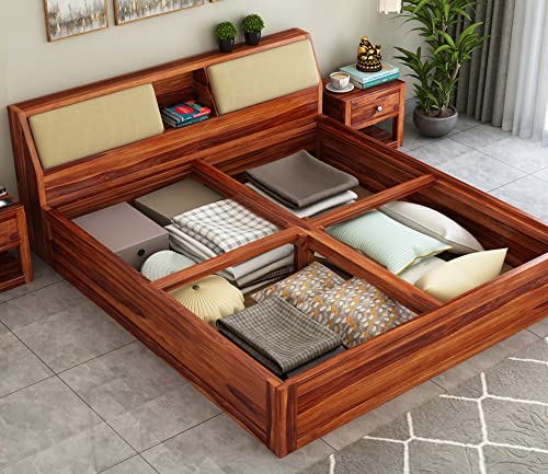 Image of STRATA FURNITURE Sheesham Wood King Size Bed with Box Storage Wooden Double Bed Cot Bed Furniture for Bedroom Living Room Home (Honey Finish)