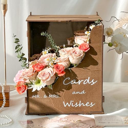 Image of OurWarm Wooden Wedding Card Box with Wave Flower Trough, Rustic Brown Wedding Card Boxes for Reception with Acrylic Board, Flower Box for Cards for Arrangements Graduation Baby Shower Birthday Decor