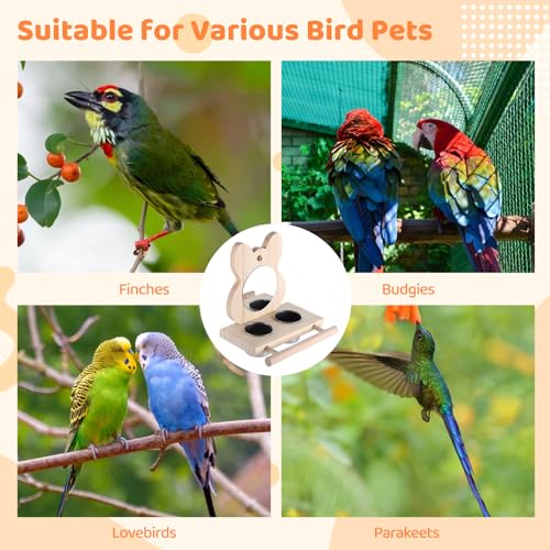 Image of Parrot Bird Perch with Mirror and Feeding Cups, Wooden Parrot Mirror Toy for Bird Cage, Bird Food Water Feeder Perch for Budgie Parakeet Lovebird African Grey Macaw Cockatiels