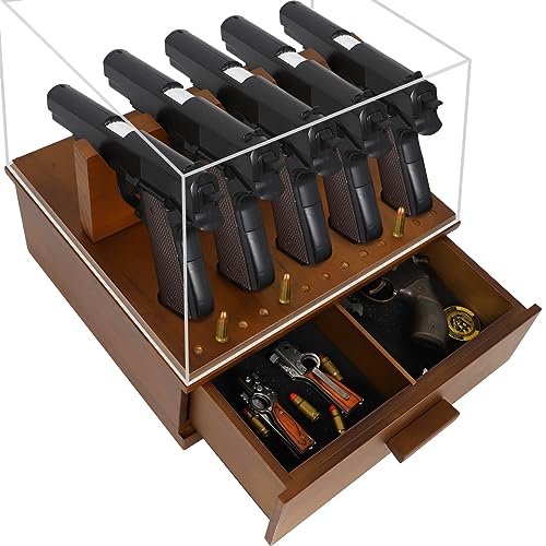 Medikaison Handgun Pistol Rack Holder Wooden Display Box for Safe 5-slot for Handgun 11 Holes for Bullet Gun Cabinet Organizer Stand with Drawer Acrylic Cover Anti-Dust Gun organizer