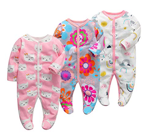 Monvecle 3pcs Newborn Infant Footie Baby Cotton Bodysuit Pajamas Jumpsuit Pink Print 3M