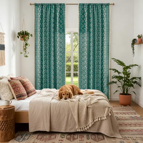 Image of Boho Curtains 72 Inch Long for Living Room, Bedroom, 2 Panels Floral Farmhouse Vintage Tassel Semi Sheer Light Filtering Privacy Window Curtain Drapes with Rod Pocket