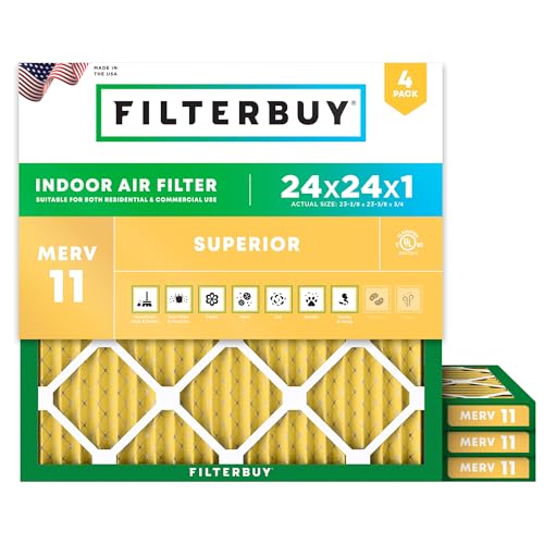Filterbuy 24x24x1 Air Filter MERV 11 Superior Pet & Allergy Defense (4-Pack), Electrostatic Pleated HVAC AC Furnace Filters Replacement (Actual Size: 23.38 x 23.38 x 0.75)