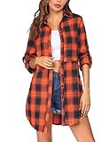 HOTOUCH Long Flannel Shirt Women Roll Up Long Sleeve with Pockets Mid-Long Loose Oversized Boyfriend Plaid Shirts Orange XL