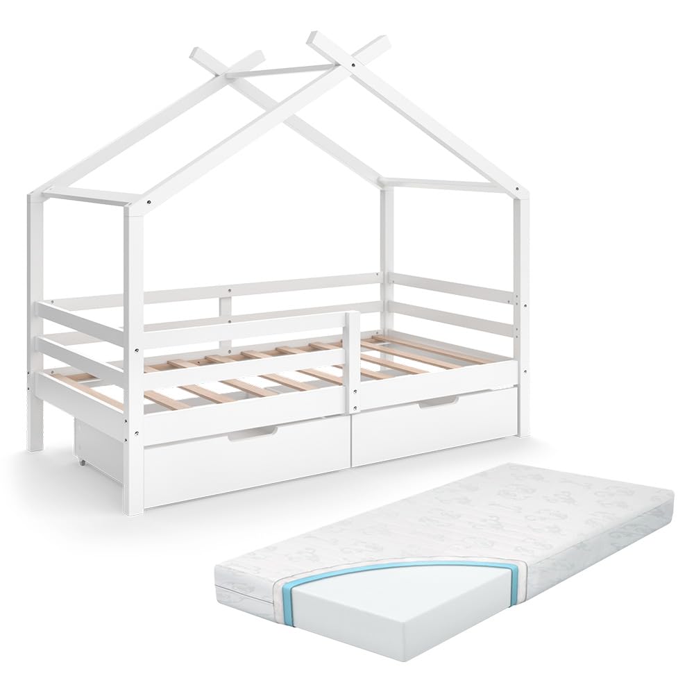 VitaliSpa Letto montessori bambini Luni, Bianco, 160 x 80 cm con box e materasso, come una piccola casa per un'atmosfera calda