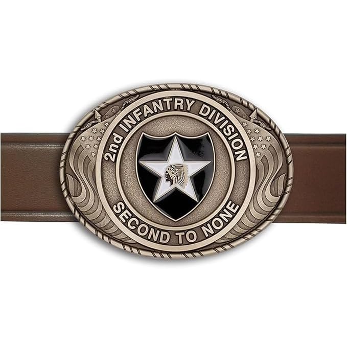 Indiana Metal Craft US Army 2nd Infantry Division Double USA Flag Solid Brass Buckle with Belt, MADE IN USA (Buckle with Belt)