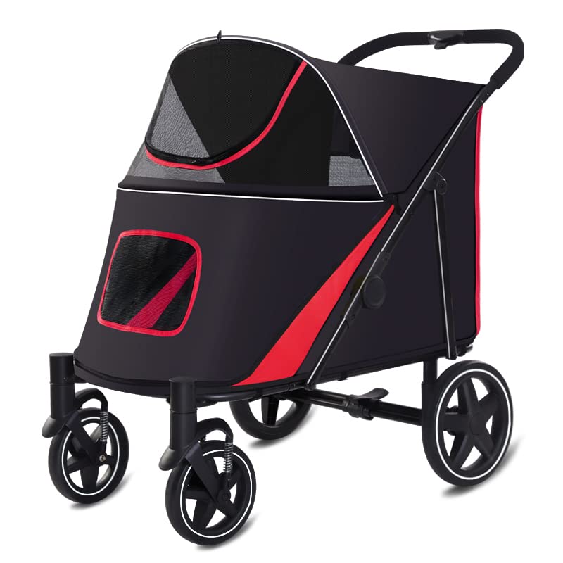 SPRICHIC Pet Stroller for Large Dogs, One-Button Storage, Breathable Large Space, Lightweight 4 Wheel Pet Stroller for 2 Medium Dogs Cats(Black-Red)