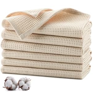 Jogoico Theedoeken, 100% katoen, set van 6 keukenhanddoeken, 35 x 35 cm, absorberend, dikke premium wafeldoeken, theedoek, vaatdoeken, poetsdoeken, machinewasbaar, beige