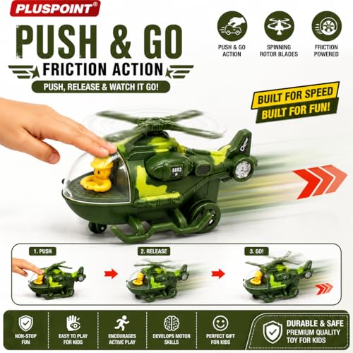 Image of PLUSPOINT Military Police Helicopter Toy for Kids | Friction Powered Push & Go SWAT Chopper | Pretend Play Police Air Rescue Helicopter Vehicle Toy for Boys, Girls & Toddlers