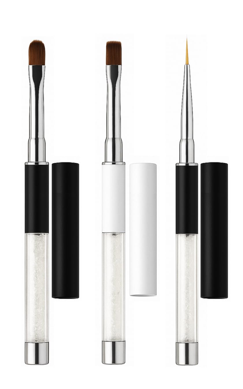 Erma Nail Art Brush Set | 3pcs Professional UV Gel Brush Kit | Square, Oval & Liner Tips | Cristal Handles with Caps | Best French, Lines & Smooth Application