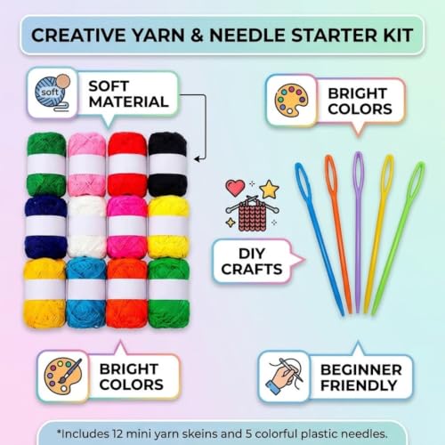 Image of 12 Color Wool Oon Yarn Balls Set with Plastic Needles for Knitting & DIY Crafts | Soft Acrylic Yarn for Beginners, Kids Craft Kit, Crochet & Embroidery Supplies