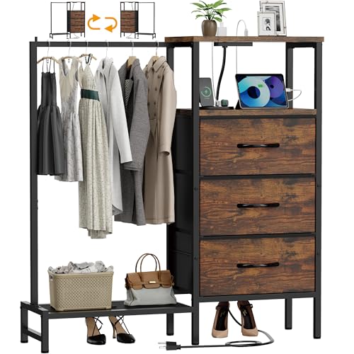 Image of ZHNSYDN Dresser for Bedroom with Hanging Rack, 3 Drawers Closet with Charging Station, Fabric Chest of Drawers with Clothes Rack, Storage Organzier for Hallway Entryway, Brown