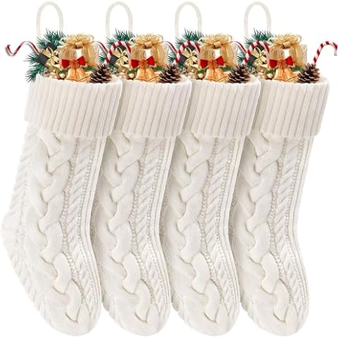 Doitory Christmas Stockings 4 Pack 18 Inches Large Size Knitted Stocking Christmas Decorations for Family Holiday Party Decor (White) Cover