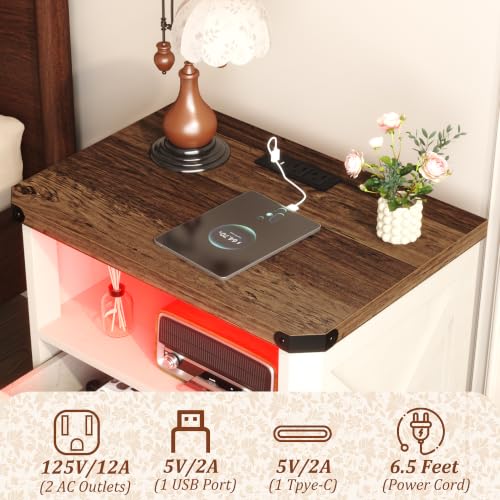 Image of Yusong 23.62 inch Tall Night Stand, LED Nightstand with Charging Station, Modern Night Stand, Wood Sofa Couch End Side Table with 2 Pull-Out Shelf, White