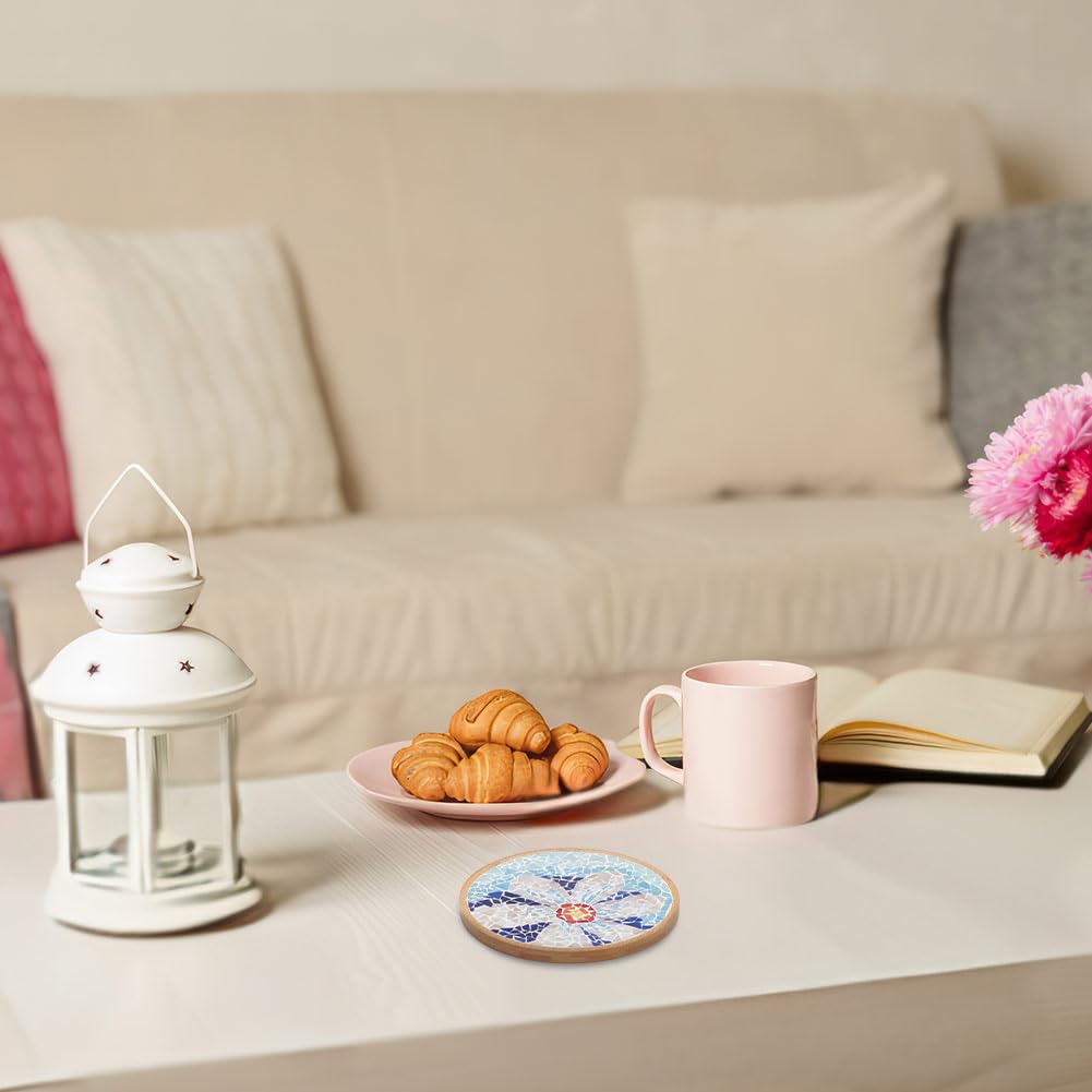 WEBEEDY Kit Fai da Te per Mosaico con Sottobicchieri in Bambù - per Adulti e Principianti, Piastrelle in Vetro Stile Blu con Base Rotonda per Sottobicchiere Fatto a Mano