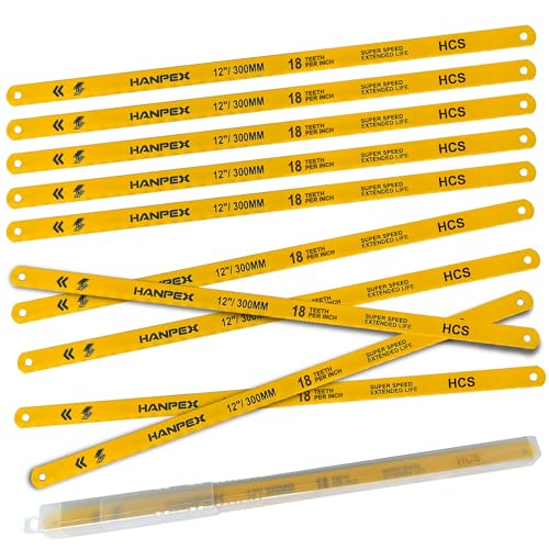 Hanpex 300mm Hacksaw Replacement Blades (10 Pack) High Speed 18 TPI - 12" Length Hack Saw Blade - High Carbon Steel (HCS) Cutting Blades