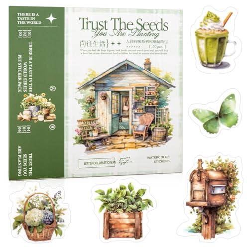 Image of HASTHIP 50-Page Garden Theme Sticker Book, Watercolor Floral & Vintage Countryside Die Cut Washi Stickers for Scrapbooking, Junk Journals, Planners, Card Making & DIY Crafts