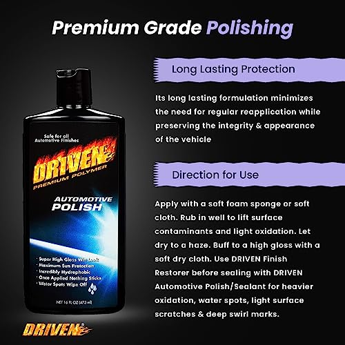 DRIVEN Automotive Polish & Sealant for Super High Gloss Wet Look - Hydrophobic Top Coat & Polymer Polish Brightens & Enhances Finish with Non-Stick Protection - for Cars, Trucks, RVs, Boats & More