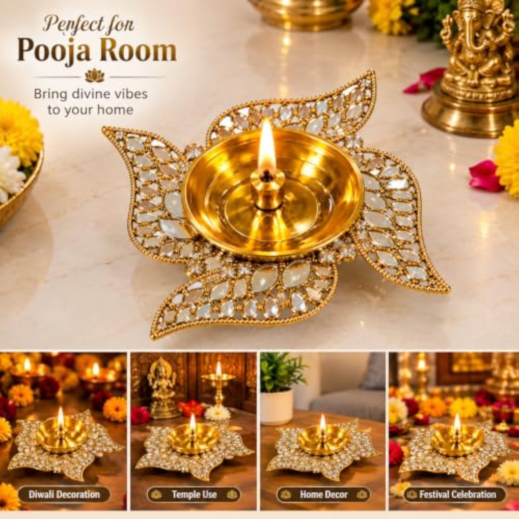 Golden Decorative Diya Plate with Crystal Stone Work
