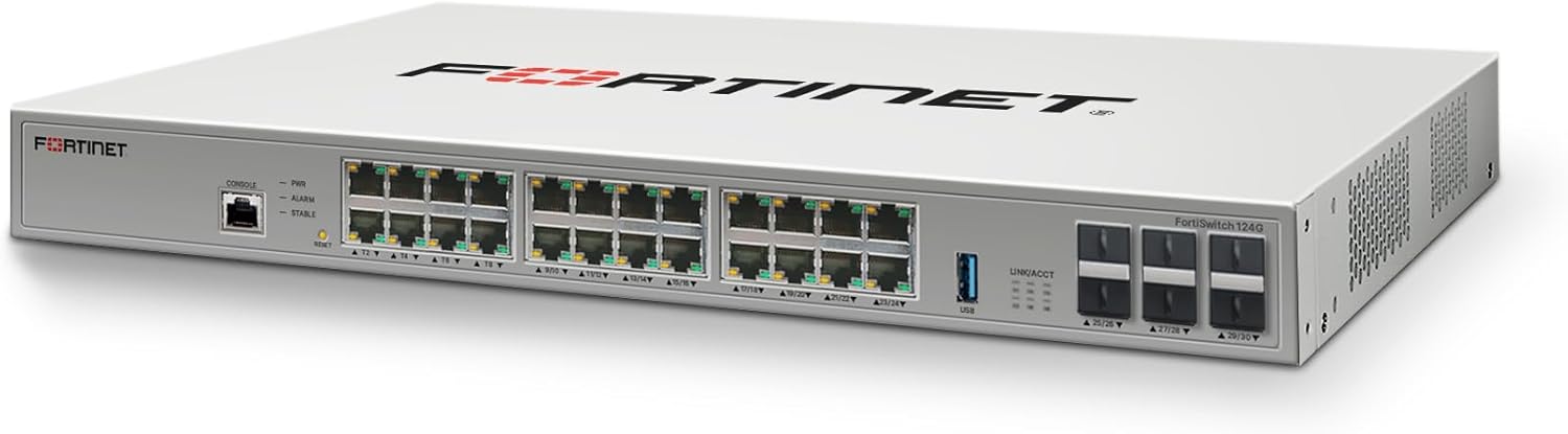 കോണാകൃതിയിലുള്ള മുൻഭാഗം view of the Fortinet FortiSwitch FS-124G-FPOE, highlighting the overall design and port layout.