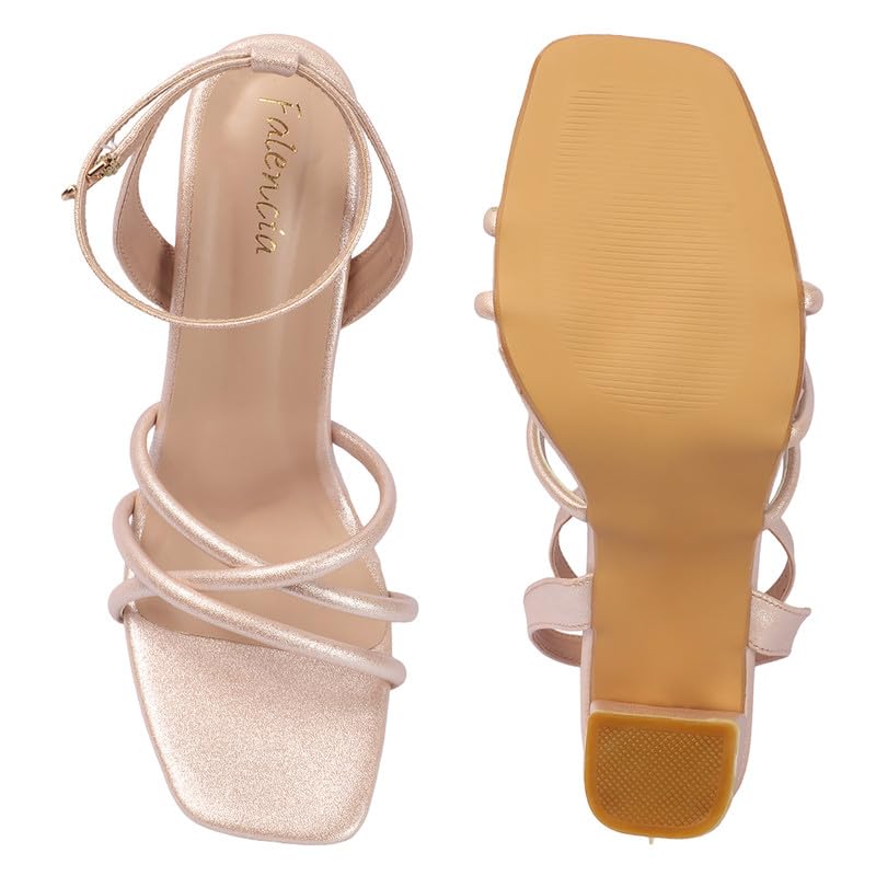 Image of FALENCIA Women's Strappy Block Heel Sandals - Square Toe Ankle Strap Dress Shoes