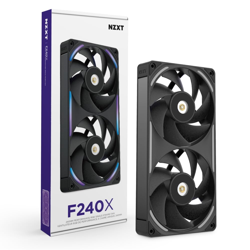 NZXT F240X - Wentylator Wydajnościowy RGB PWM single-frame 240mm - Czarny | Zestaw single-frame 240mm z dwoma wentylatorami RGB 120mm. Maks. airflow i ciśnienie statyczne, podświetlenie przez CAM.