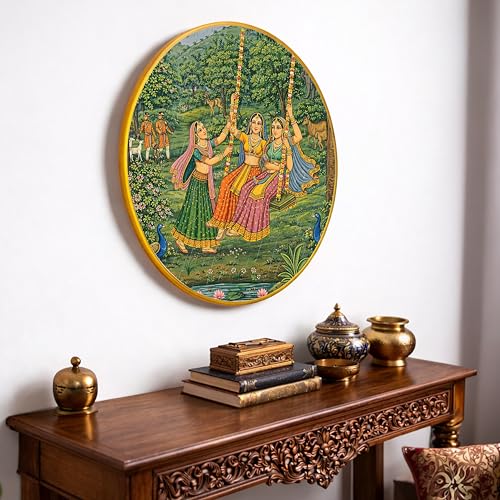 Image of Traditional Indian Village Madhubani Round Framed Wall Art Painting For Living Room | Rajasthani Folk Cultural Pichwai Wall Art Painting With Frame for Home, Bedroom & Office, 16 Inch