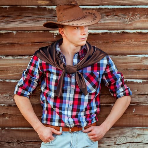 6 Pcs Solid Cowboy Rag for Women Western Neck Scarf Bandana 35-inch Square Satin Rag Neckerchief Multiple Colors Wildrags for Men Pack4