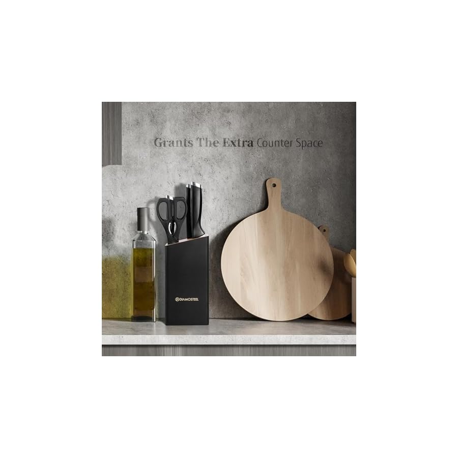 Black-Knife-Set-with-Block-7-Pieces-Sharp-Knife-Block-Set-with-Stainless-Steel-Blade-and-Ergonomic-Handle-Chef-Slicing-Bread-Utility-Paring-Knife-Kitchen-Scissors-and-Wooden-Block Diamosteel Black Knife Set with Block, 7 Pieces Sharp Knife Block Set with Stainless Steel Blade and Ergonomic Handle, Chef, Slicing, Bread, Utility, Paring Knife, Kitchen Scissors and Wooden Block