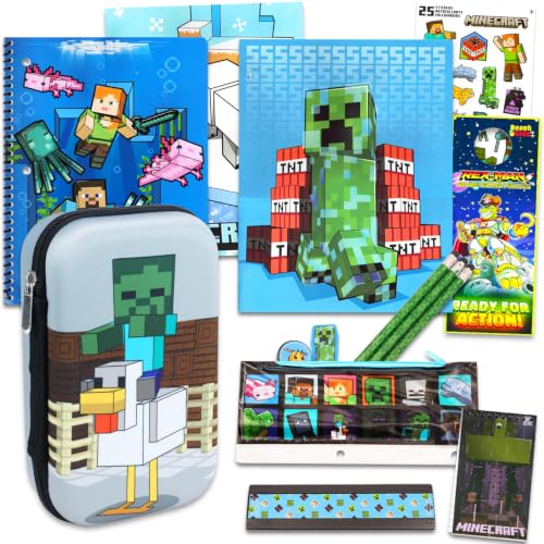 Minecraft Conjunto De Materiais Escolares - Estojo E Caderno Para Meninos Com Adesivos, Cabide Porta Muito Mais