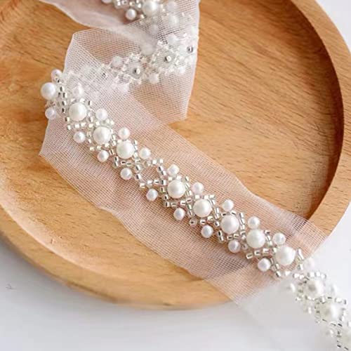 1 Yard White Pearl Beaded Lace Trim Mesh Ribbon Lace Fabric Sewing Crafts Dress Collar Diy Bag Hat Clothes Decoration #TOP13