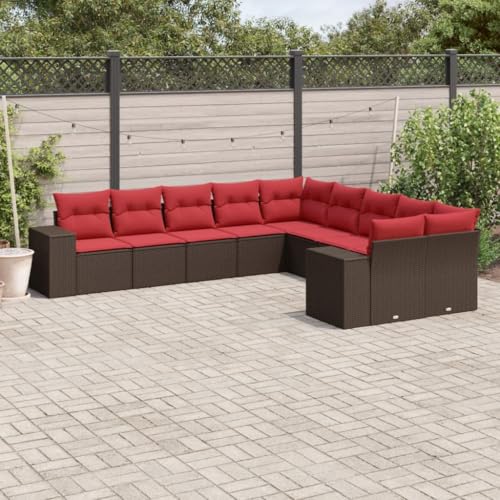 Owoxanthellate Juego de 10 piezas de sofá de jardín 62 x 62 x 69 cm marrón ratán sintético resistente a la intemperie modular zona de estar cojines rojos jardín terraza balcón