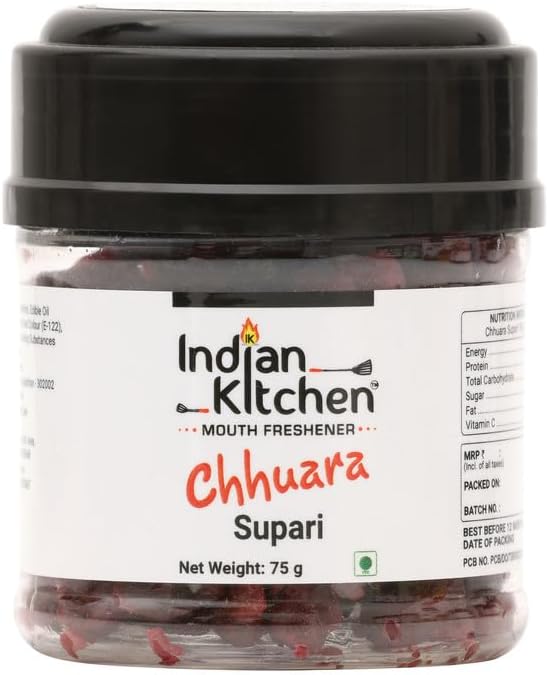 - Indian Kitchen Chhuara Supari 75g Sweet Mouth Freshener Mukhwas Tasty Natural Ingredients Digestive Aid Convenient Ready to Eat Refreshing Snack (Pack of 2)