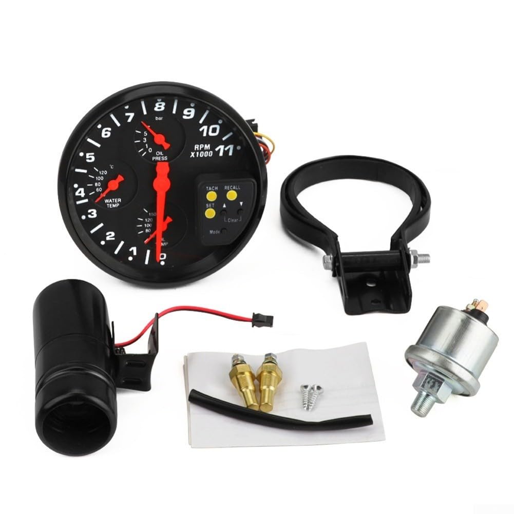 Zoegneer Tachimetro 4 in 1 per auto, con sensore, 12 V, per motori a 4/6/8 cilindri, monitor temperatura e pressione di olio dell'acqua, 0-7 bar, 12 cm, con retroilluminazione rossa e blu, nero
