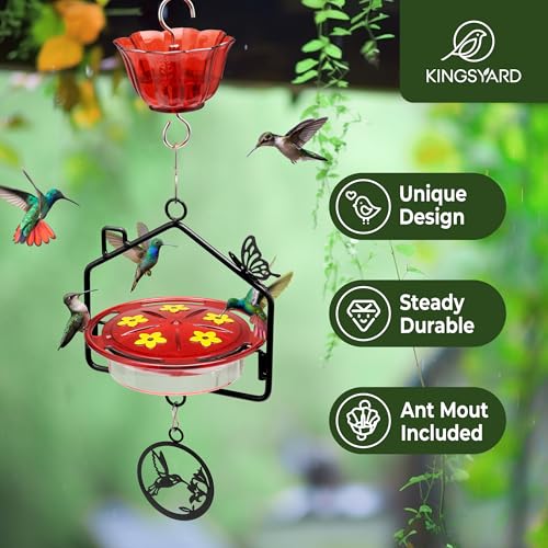 Kingsyard Upgraded Hummingbird Feeder Hanging, Large Capacity Nectar Tray Bee Proof Leakproof, Outdoor 5 Port Perch Metal Bracket Ant Moat Easy Clean Weather Resistant,Black Metal Frame