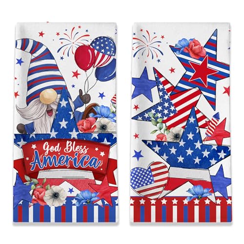 4th of July Kitchen Towels 4th of July Dish Towels Set of 2 Fourth of July Gnomes with Stars Stripes Patriotic Red Blue Hand Tea Towels for Housewarming Gifts Decorations for Home (18x26 Inches)