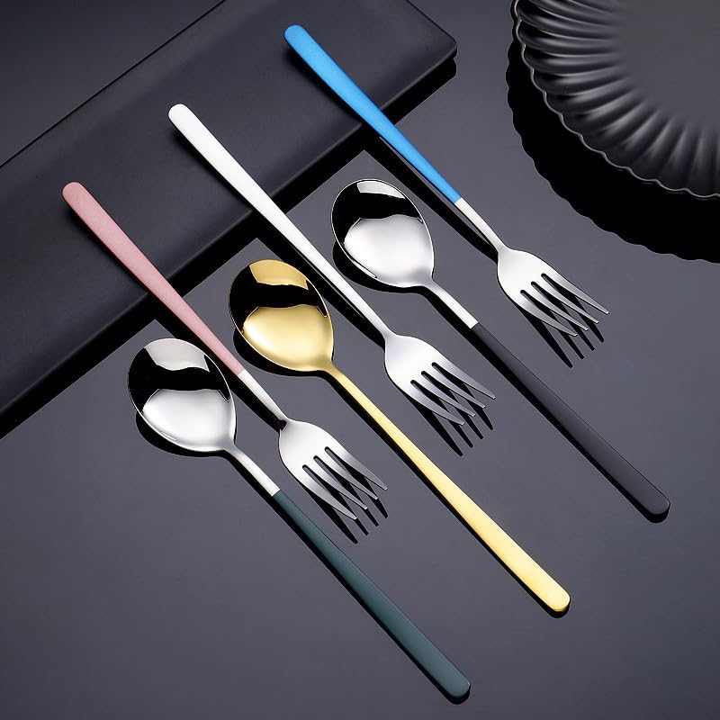 Silverware Flatware Set, 1/4/6/8/10/12 Pieces Long Handle Fork Set Restaurant Home Thickened 304 Stainless Steel Fork(Blue,12Pcs)