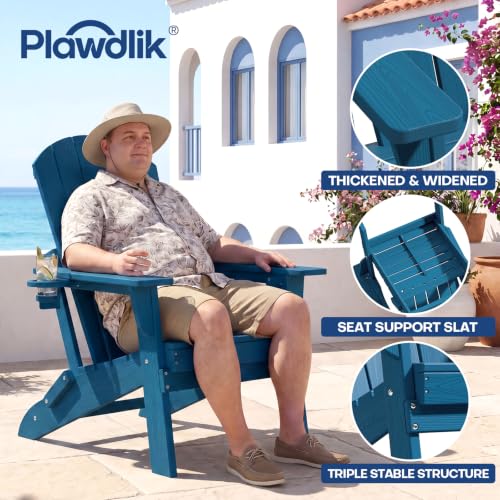 Image of Plawdlik Folding Adirondack Chair 12-piece Set, Cup Holder, Navy Blue | pin-free folding, 38-in tall back, Wood-grain All-weather HDPE; for fire pit, poolside, deck, backyard, patio