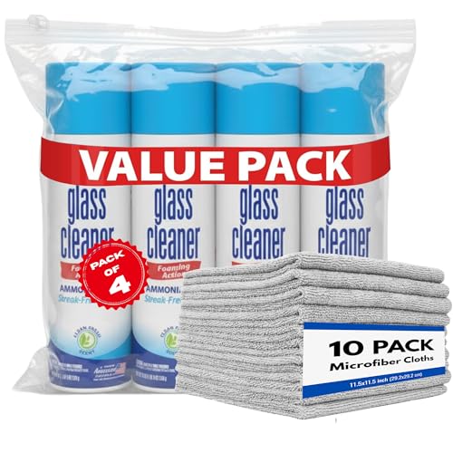 Image of Glass Cleaner Spray - Foam Action Cleaner - 19 Fl Oz, (4 Pack) - Bundle With 10 Premium Microfiber Cleaning Cloth Towel Rags