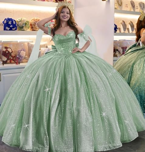 TRHTX Sparkly Tulle Quinceanera Dresses with Long Bow Lace Sweet 16 Dresses Pleated Sweetheart Ball Gown2