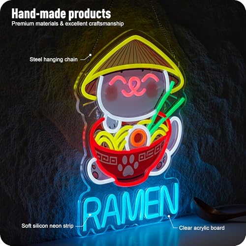 Image of Fortune Cat Ramen Neon Sign Dimmable Japanese Lucky Cat Noodle LED Lights for Wall Decor USB Powered Neon Signs for Ramen Shop Restaurant Bar Party Bedroom Birthday Gifts (16.5 * 12.6in)