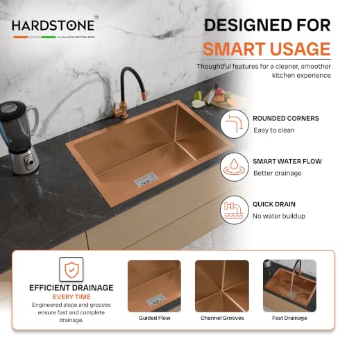 Image of HARDSTONE Premium Kitchen Sink | Single Bowl 24x18x9 Inch | Handmade Heavy Duty Stainless Steel Wash Basin with Matte Rose Gold Finish | Includes Waste Hose Pipe, Coupling & Drying Rack | Rose Gold