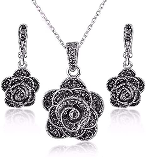 Vintage Black Crystal Geometric Rose Flower Necklace Earrings Fashion Jewelry Sets Christmas Day Gifts