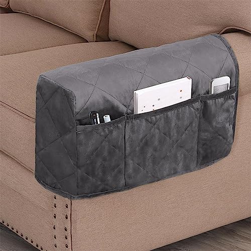 1 Pair Velvet Sofa Armrest Cover,Recliner Chair Arm Cover,Armchair Slipcover Nonslip Quilted Furniture Protector with Side Pocket for Leather Sofa Armrest (Gray)