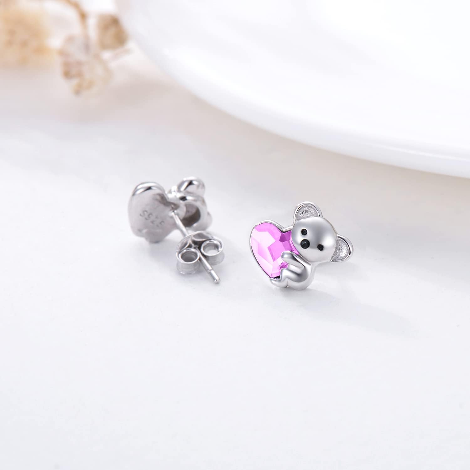 Sterling Silver Koala Bear Birthstone Stud Earrings - Hypoallergenic Heart Crystal Koala Earrings Gift for Women Lovers