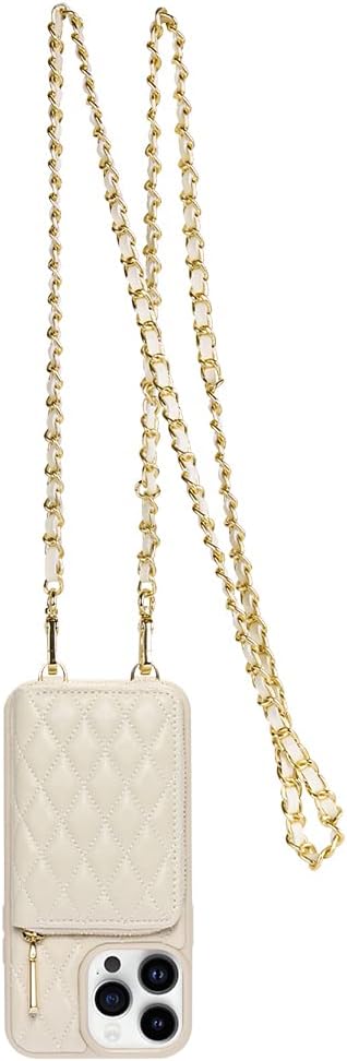 LAMEEKU Compatible with iPhone 14 Pro Wallet Case, Quilted Leather Card Holder with Crossbody Chain, RFID Shockproof, 6.1 Inch - Beige