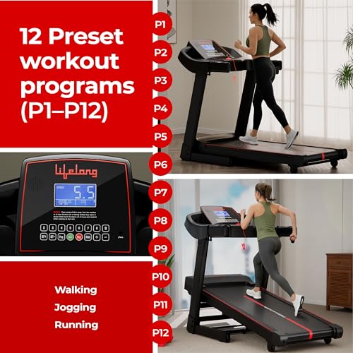 Image of Lifelong 5HP Peak Motorized Treadmill for Home | 12% Auto Incline | 12 Preset Programs | 14 km /h Speed | 110 kg Capacity | LCD Display| Hydraulic Fold | Wide Running Belt | Bluetooth & FitShow App